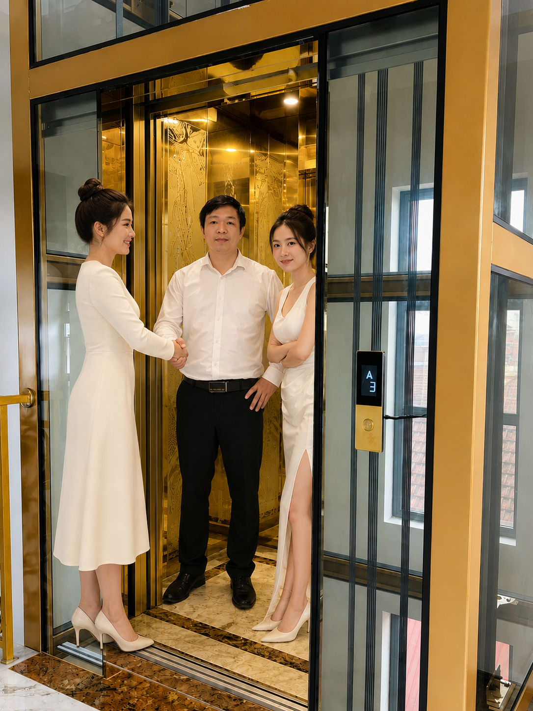 Thang máy gia đình vách kính khung vàng sang trọng với ba người dùng trải nghiệm bên trong